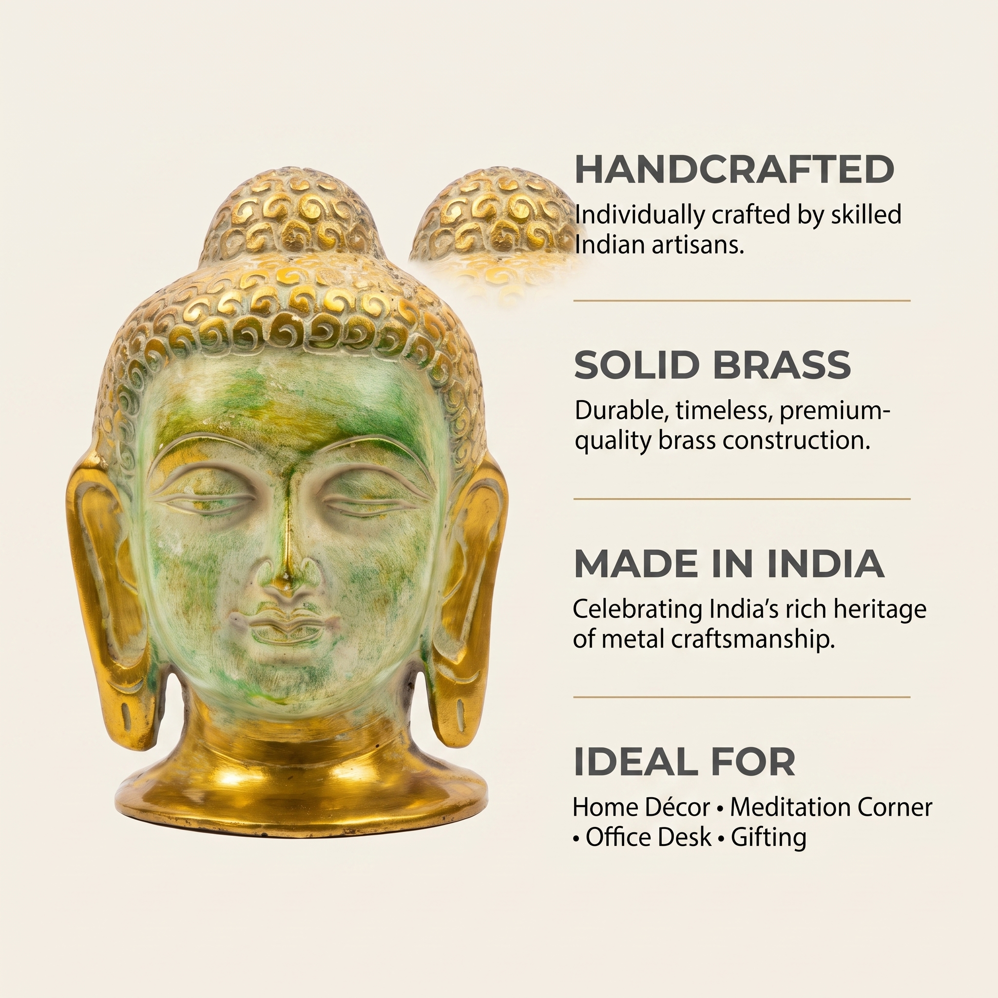 Brass Buddha Face | Distress Stone Green finish | 6 Inch
