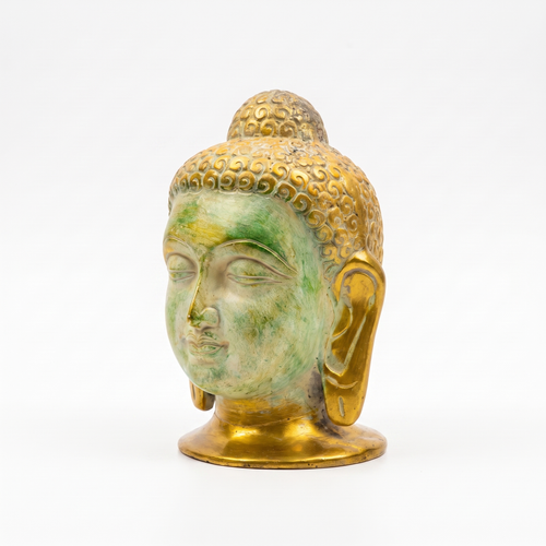 Brass Buddha Face | Distress Stone Green finish | 6 Inch