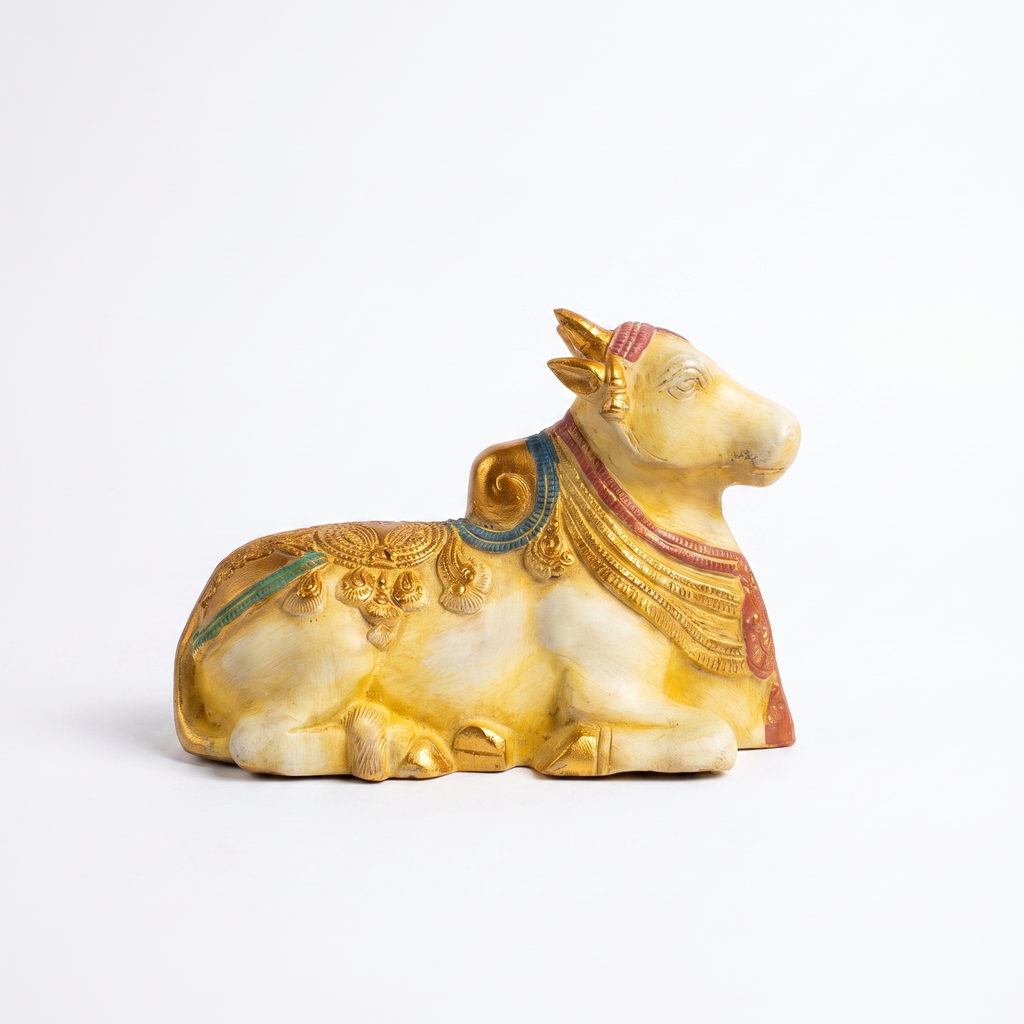 Brass Nandi | White Marble Finish| 8 Inch Length