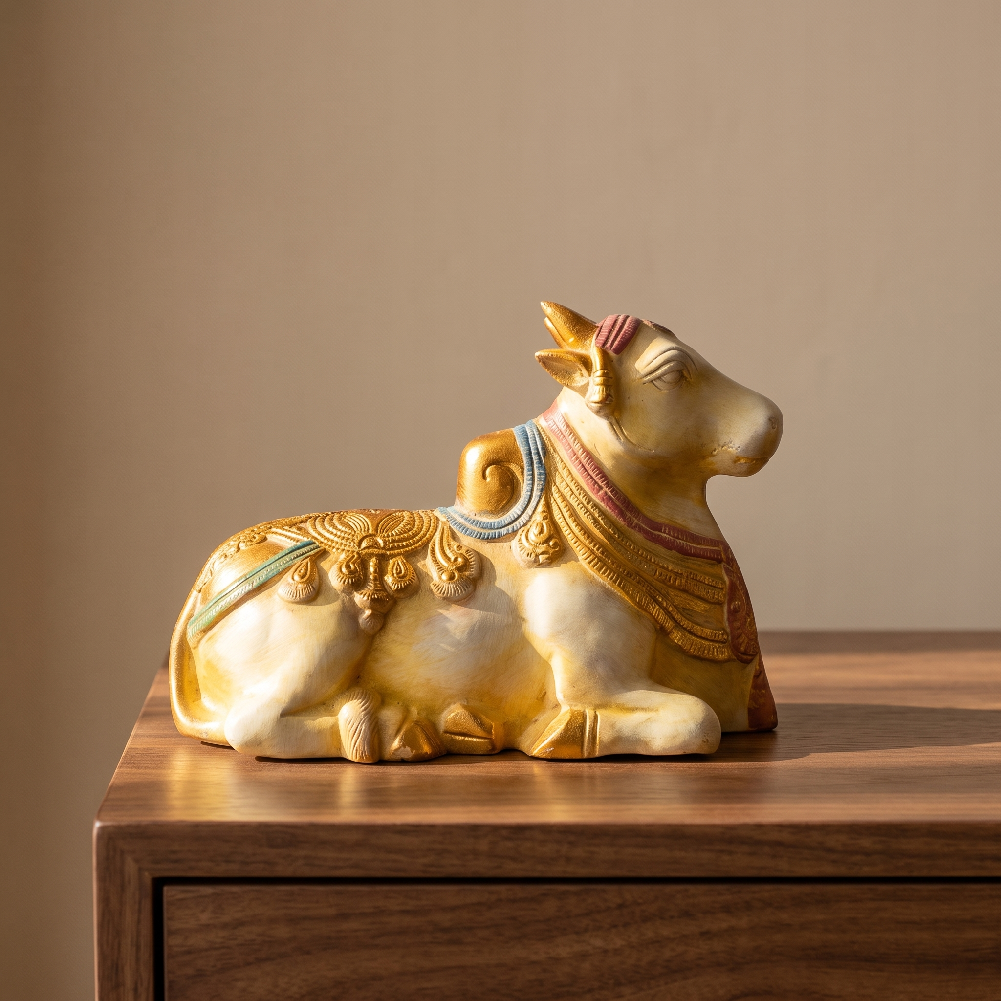 Brass Nandi | White Marble Finish| 8 Inch Length