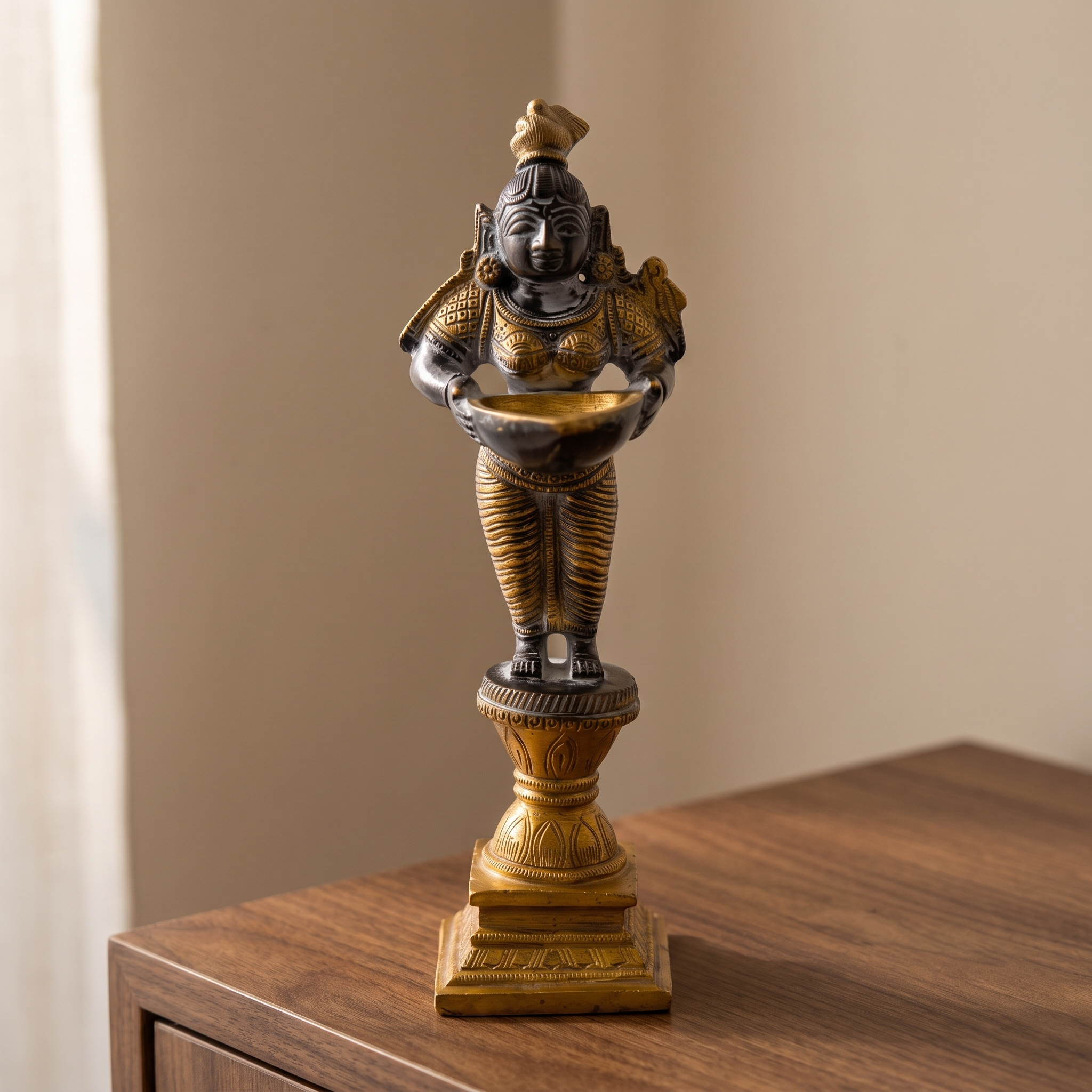 Brass Standing Diya | Dark Blue Finish | 6 Inch