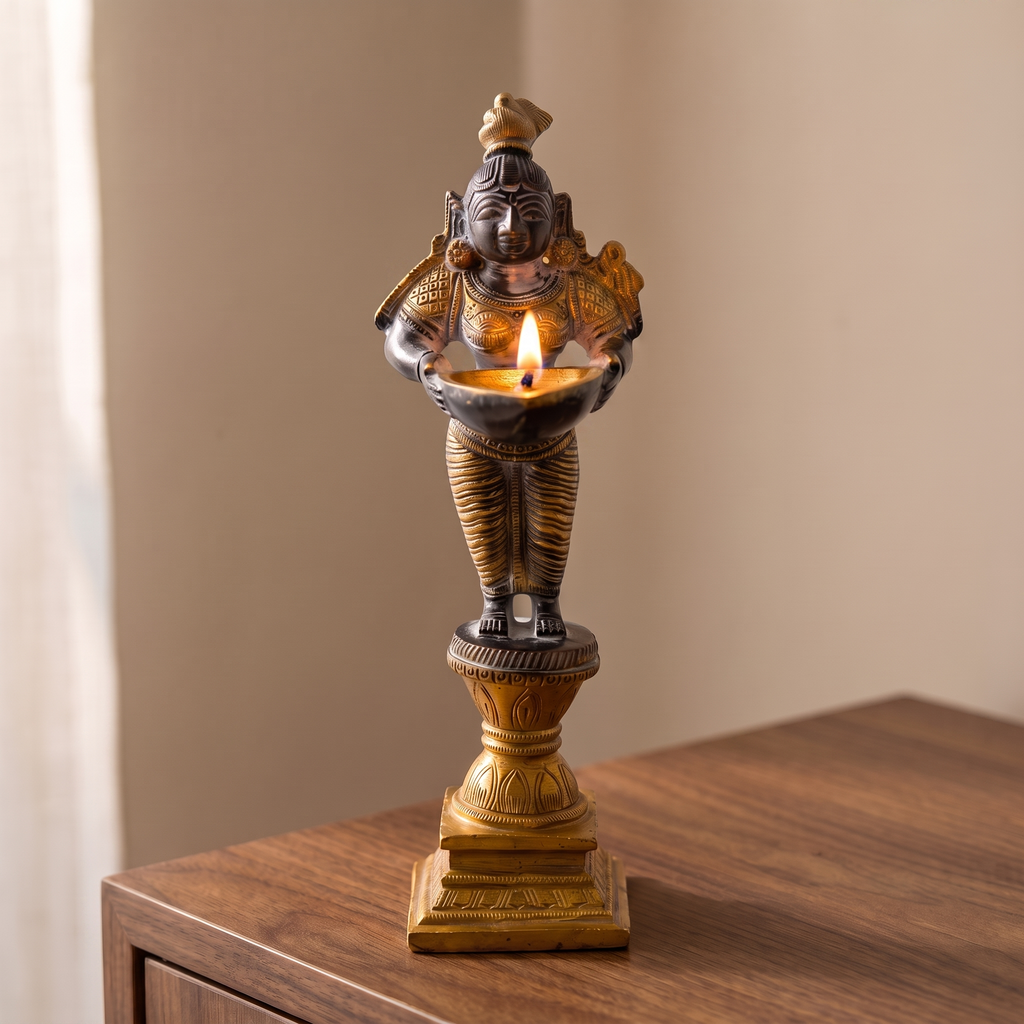 Brass Standing Diya | Dark Blue Finish | 6 Inch