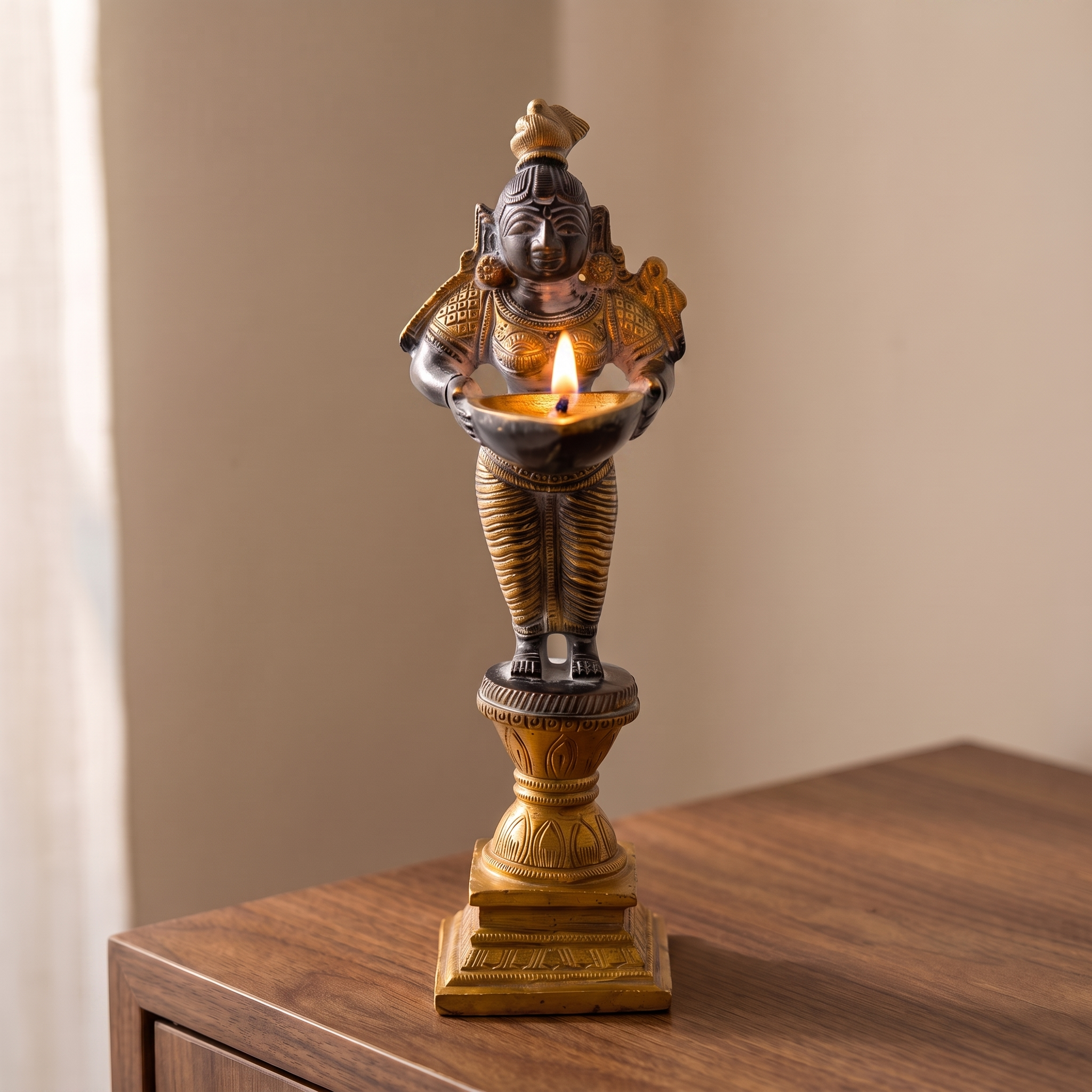Brass Standing Diya | Dark Blue Finish | 6 Inch