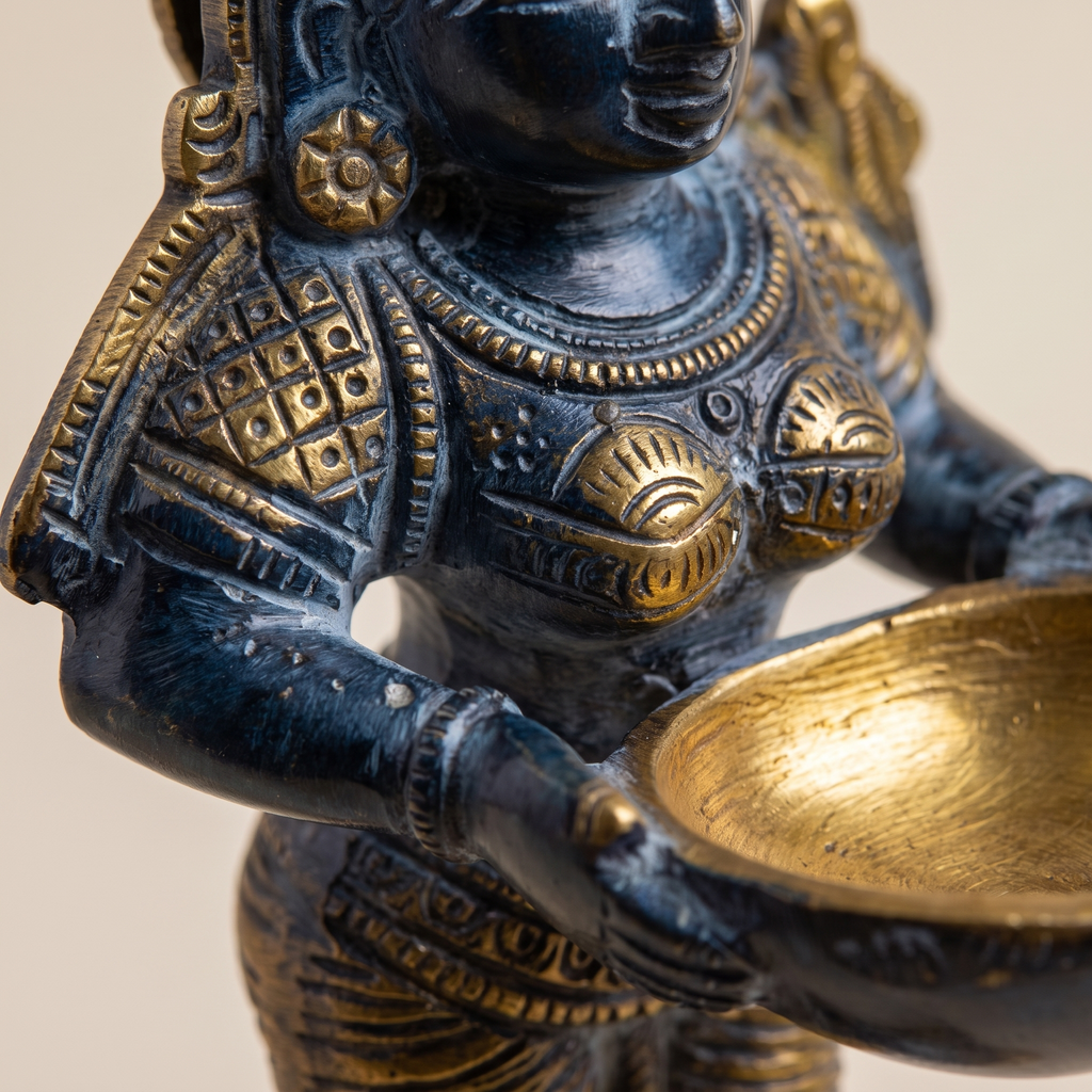 Brass Standing Diya | Dark Blue Finish | 6 Inch