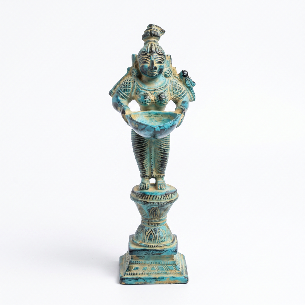 Brass Standing Diya | Light Blue Finish | 6 Inch
