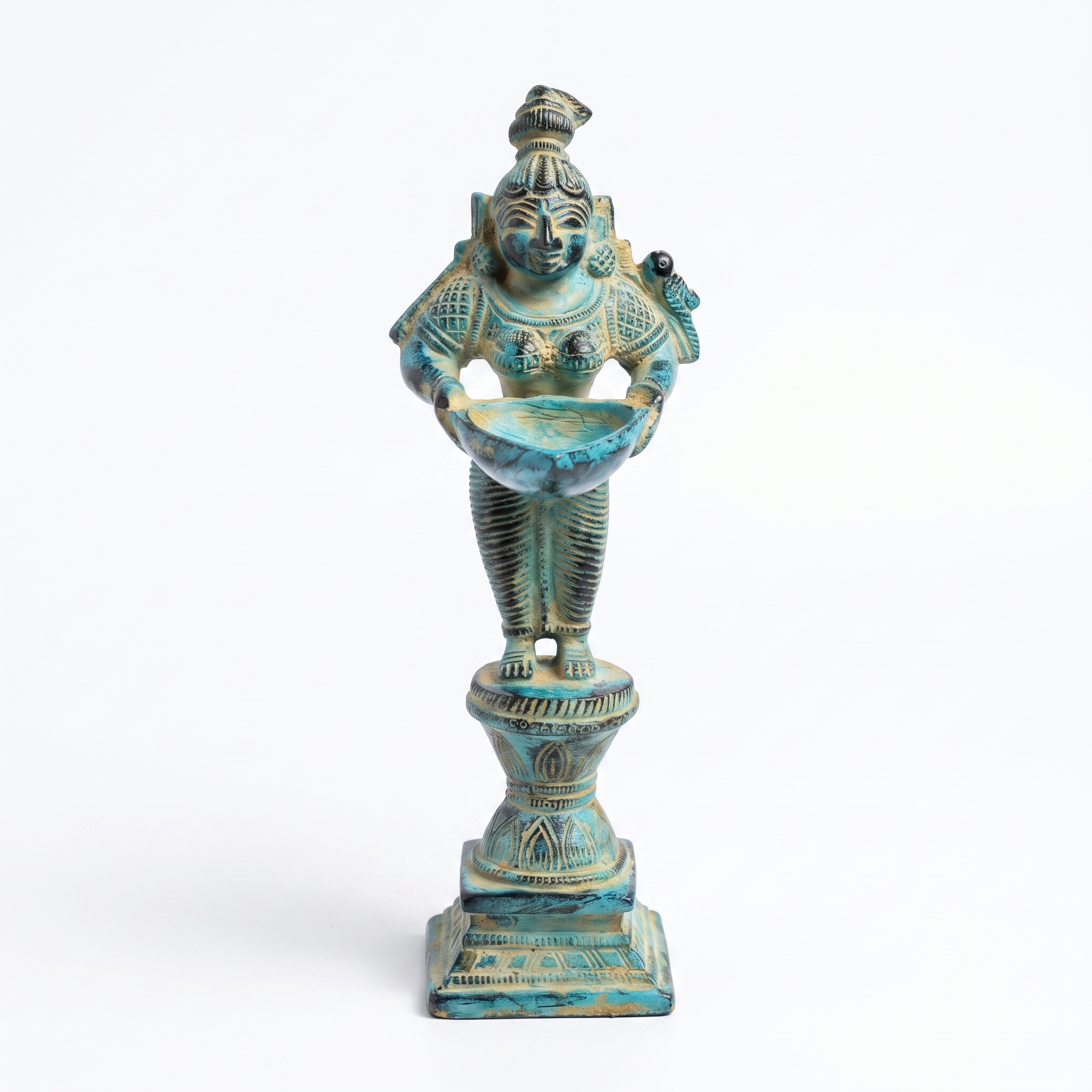 Brass Standing Diya | Light Blue Finish | 6 Inch
