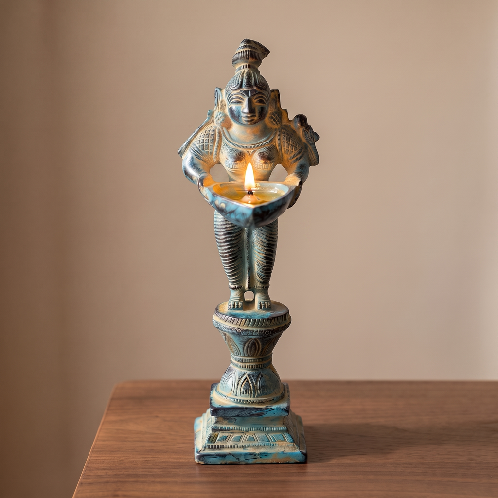 Brass Standing Diya | Light Blue Finish | 6 Inch
