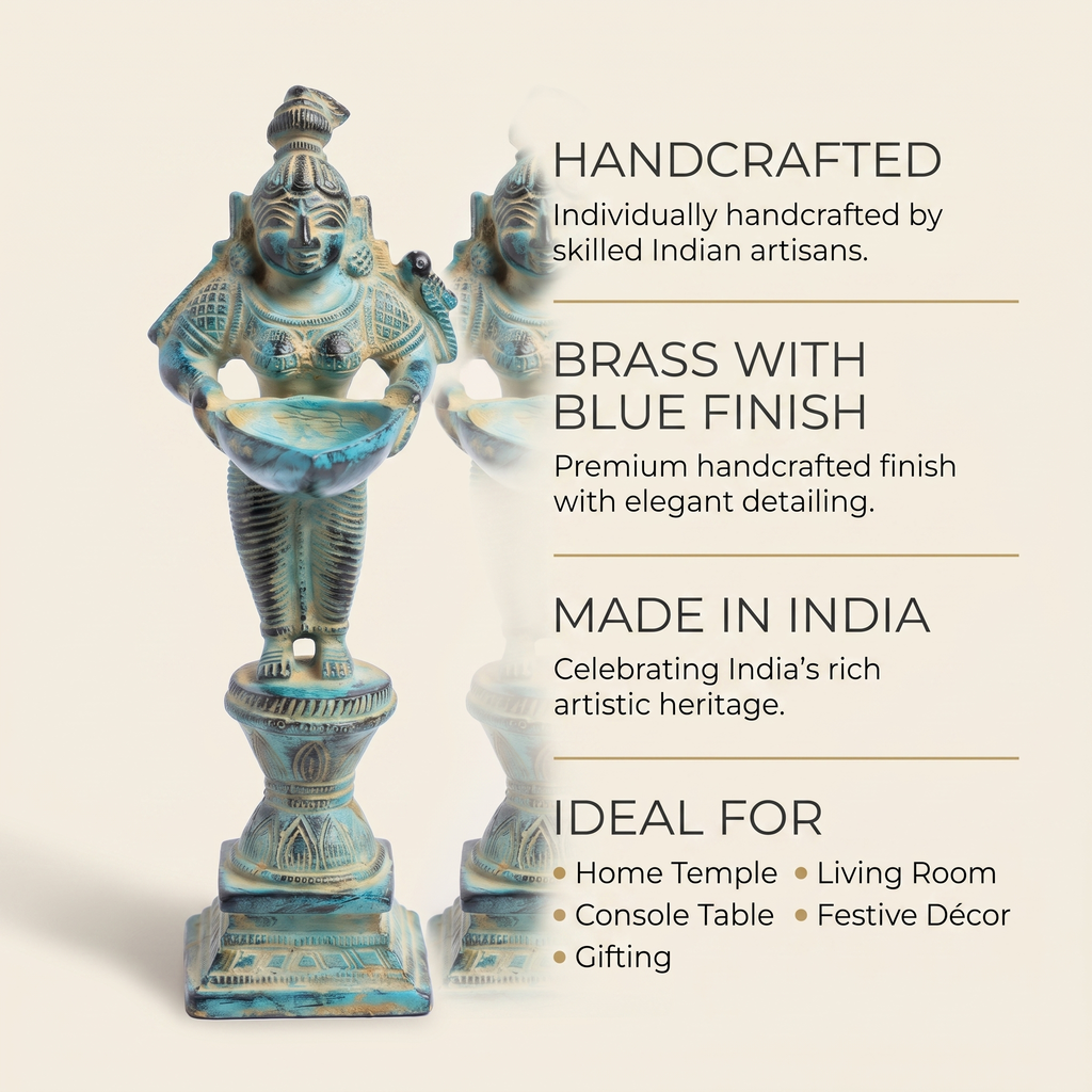 Brass Standing Diya | Light Blue Finish | 6 Inch