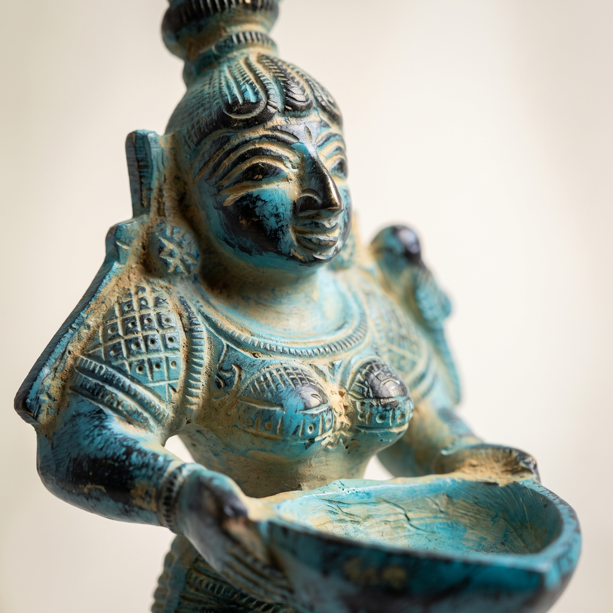Brass Standing Diya | Light Blue Finish | 6 Inch