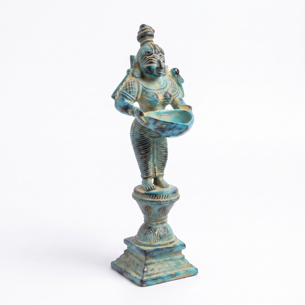 Brass Standing Diya | Light Blue Finish | 6 Inch