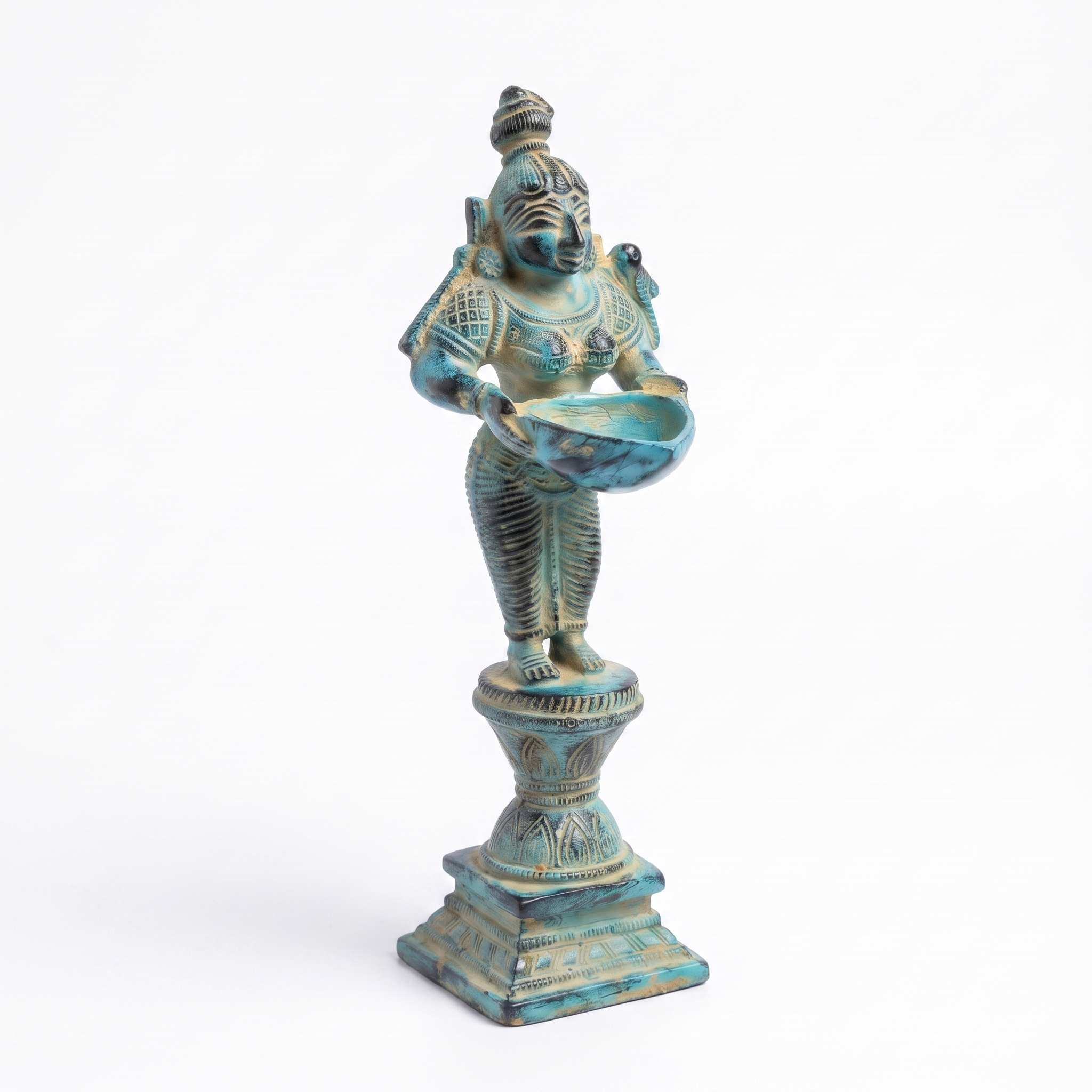 Brass Standing Diya | Light Blue Finish | 6 Inch