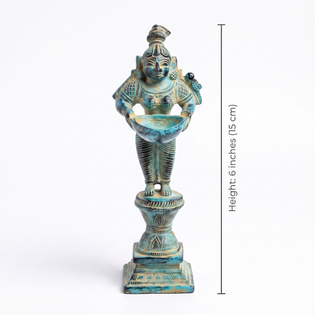 Brass Standing Diya | Light Blue Finish | 6 Inch