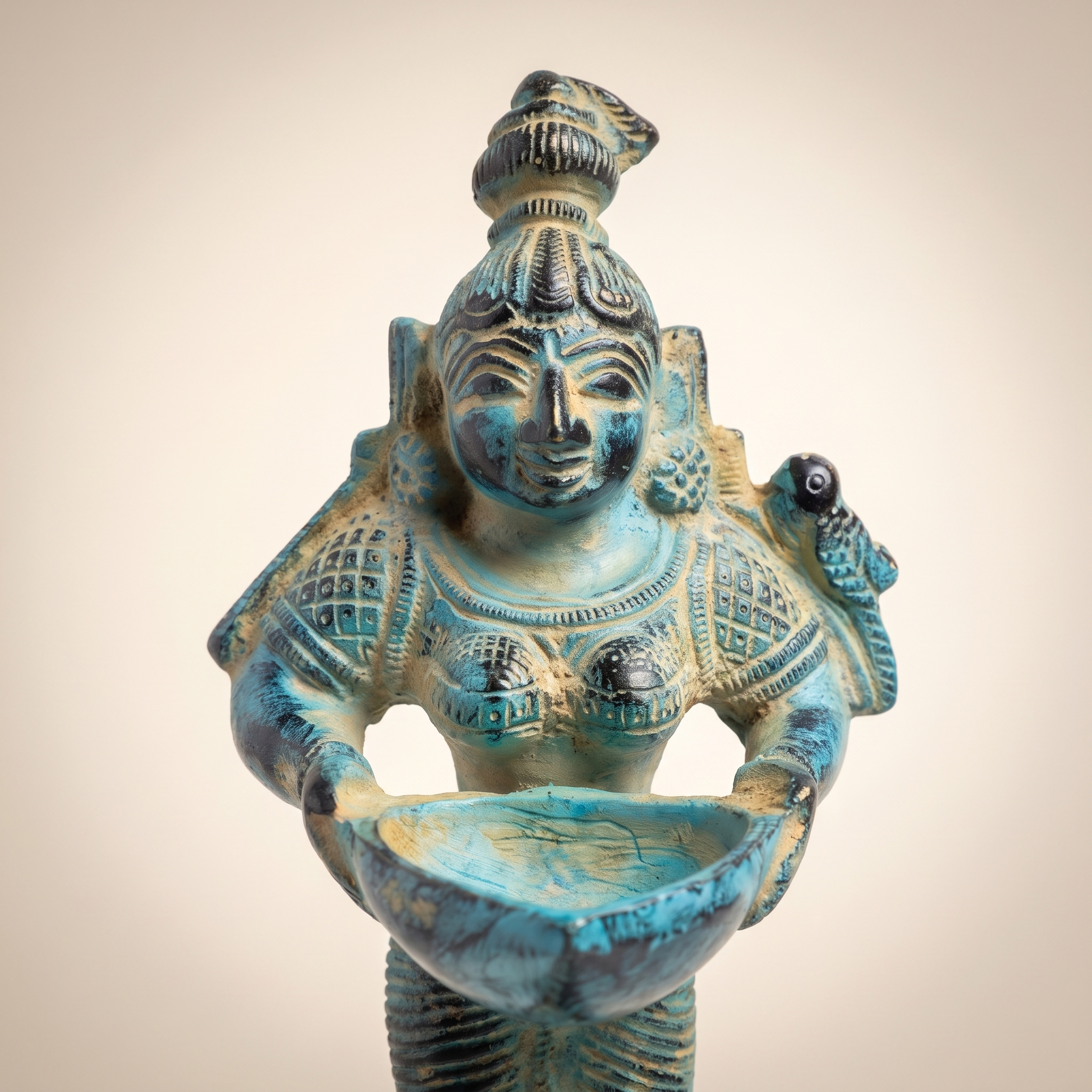 Brass Standing Diya | Light Blue Finish | 6 Inch