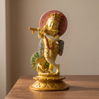 Brass Krishna Idol | White Marble Finish | 6 Inch