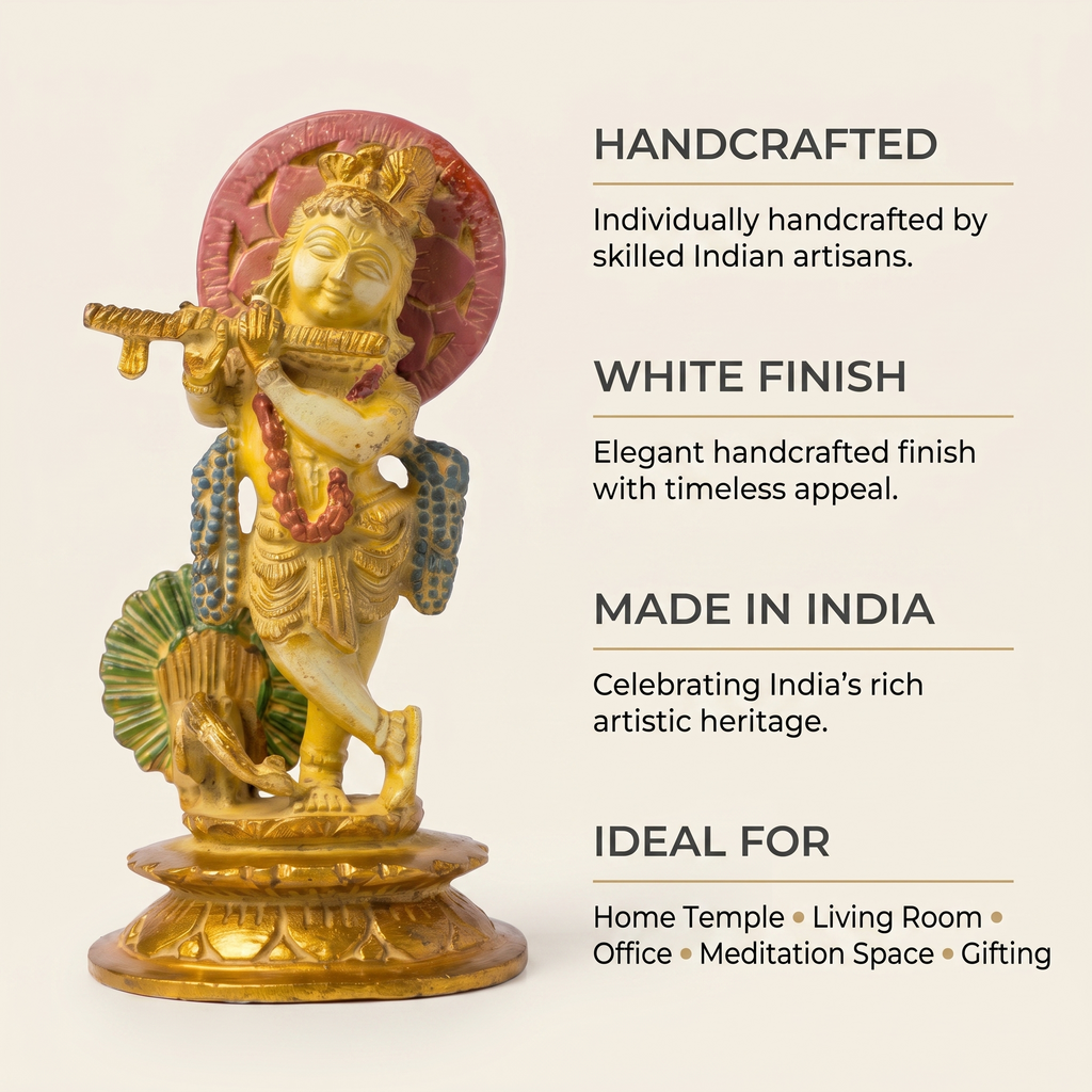 Brass Krishna Idol | White Marble Finish | 6 Inch