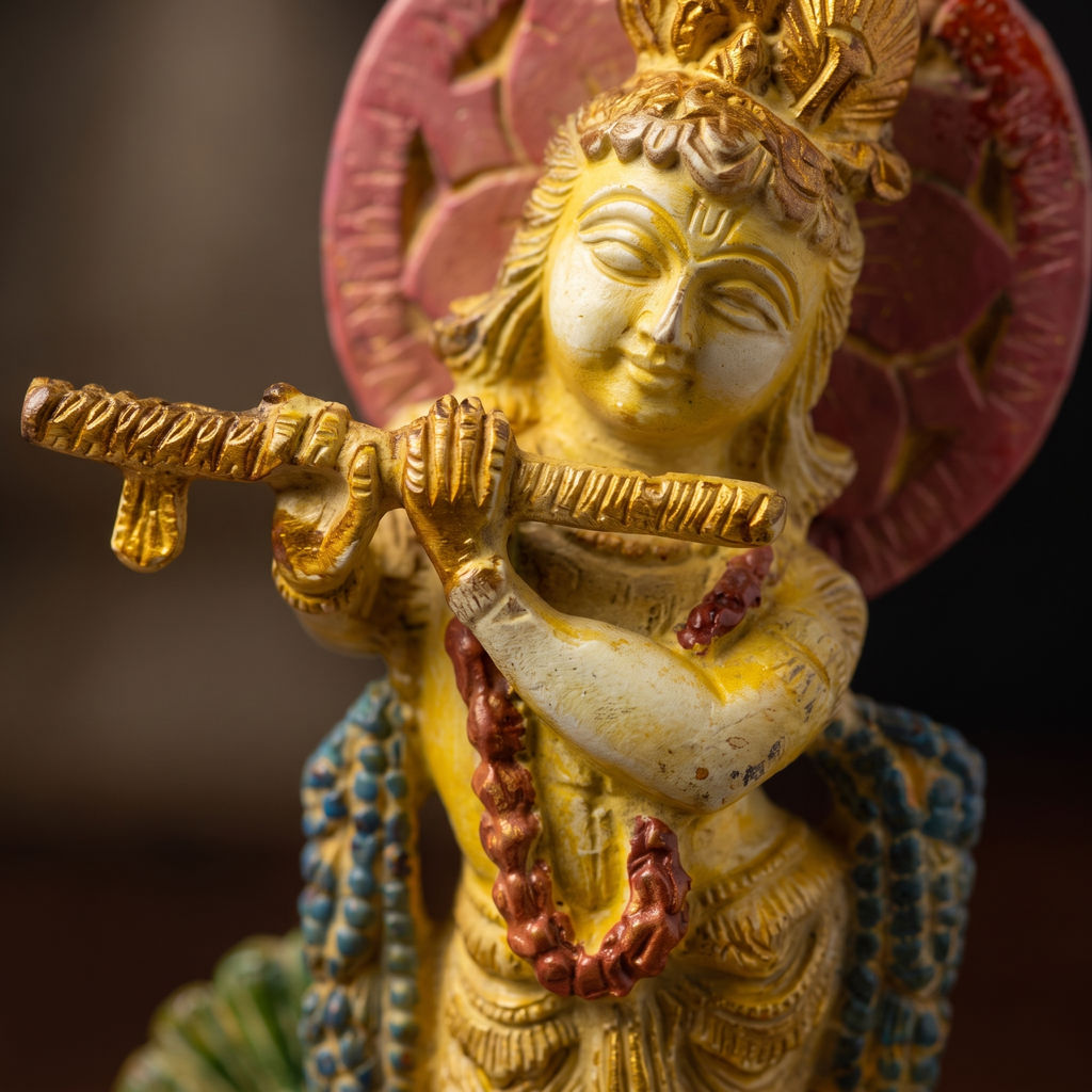Brass Krishna Idol | White Marble Finish | 6 Inch