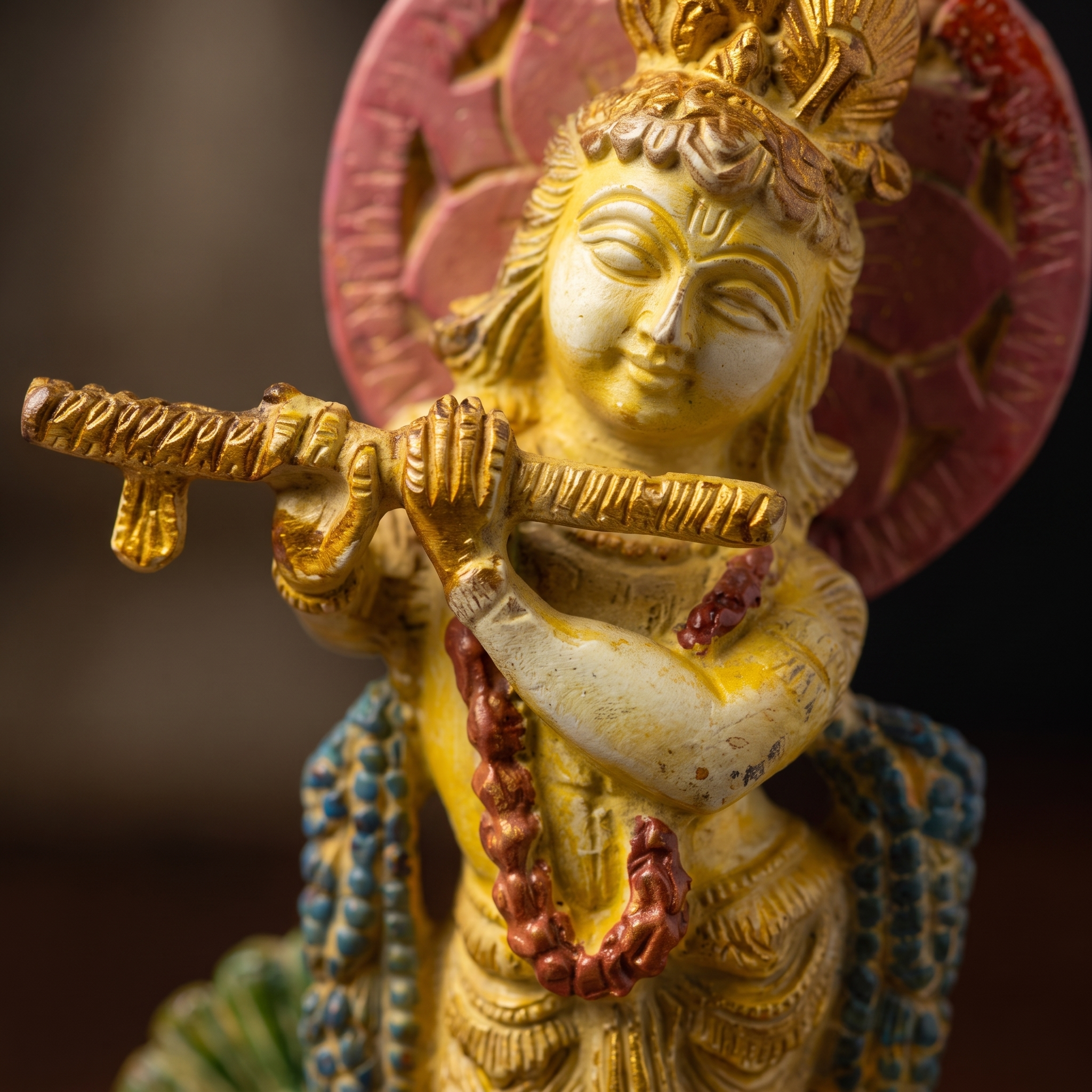 Brass Krishna Idol | White Marble Finish | 6 Inch