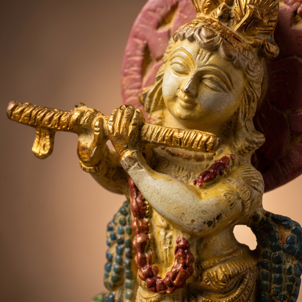 Brass Krishna Idol | White Marble Finish | 6 Inch