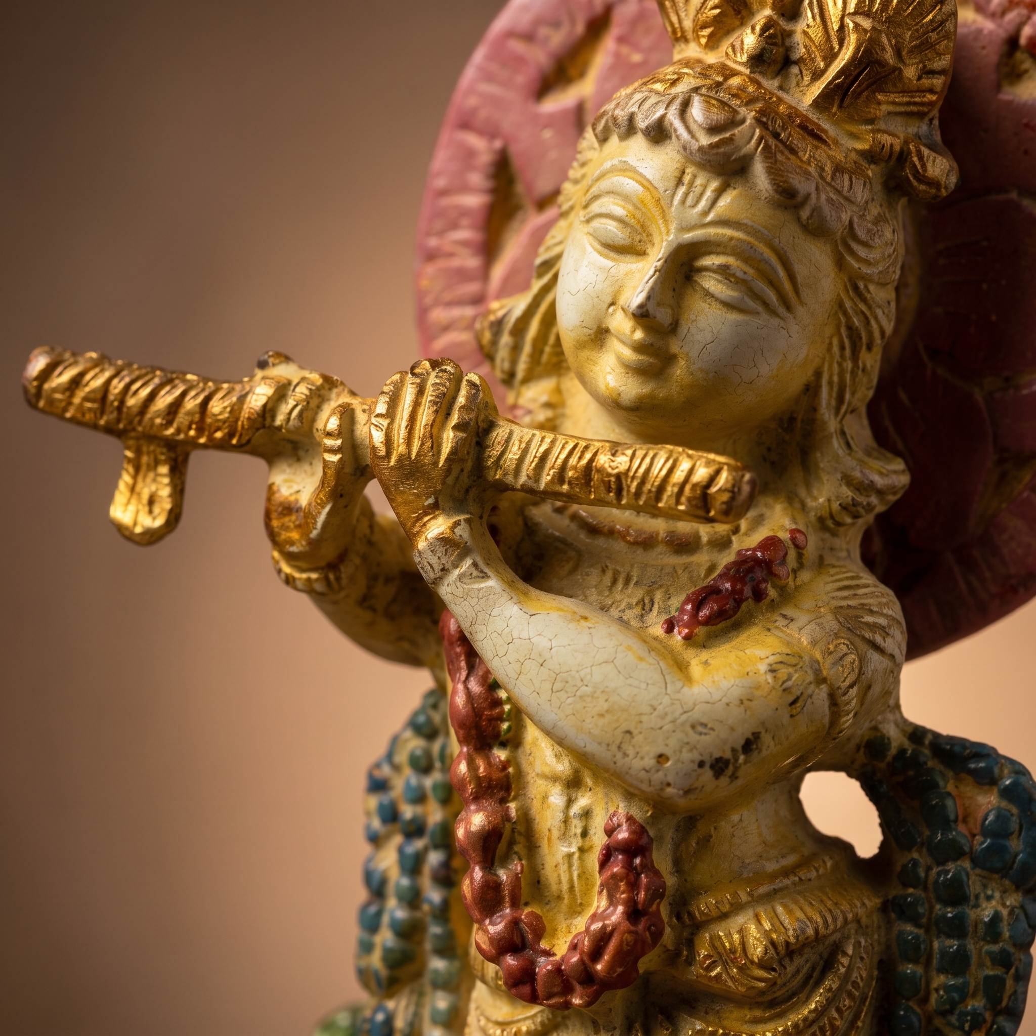 Brass Krishna Idol | White Marble Finish | 6 Inch