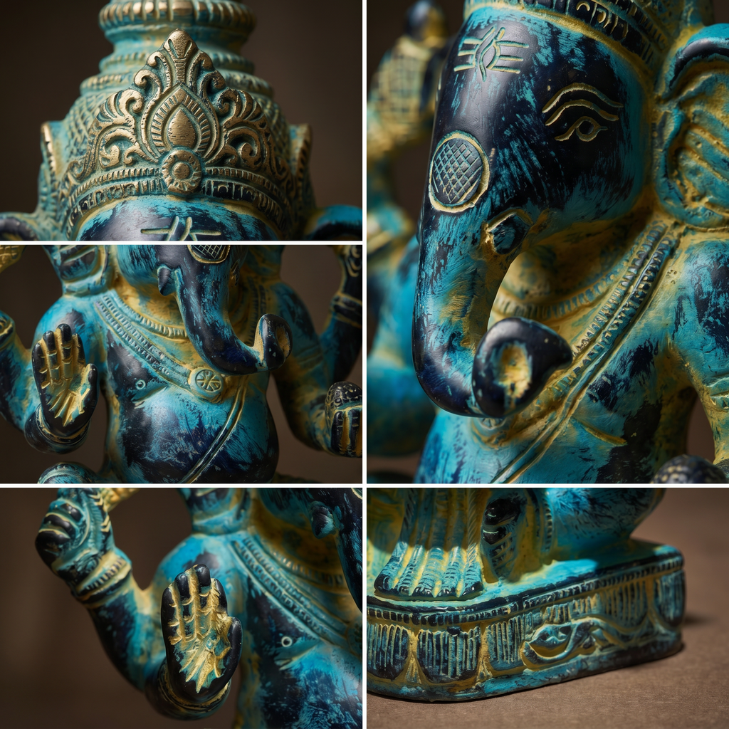 Brass Ganesha Idol | Blue Distress Finish | 4.5 Inch
