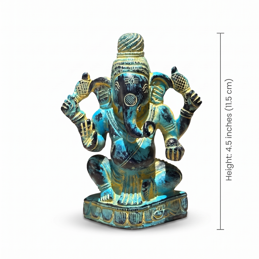 Brass Ganesha Idol | Blue Distress Finish | 4.5 Inch