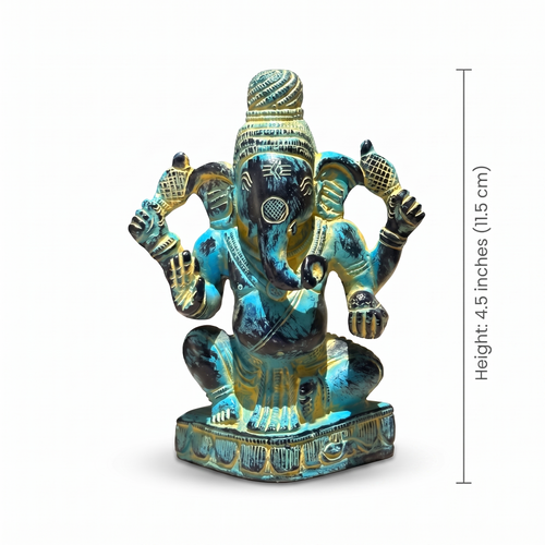 Brass Ganesha Idol | Blue Distress Finish | 4.5 Inch