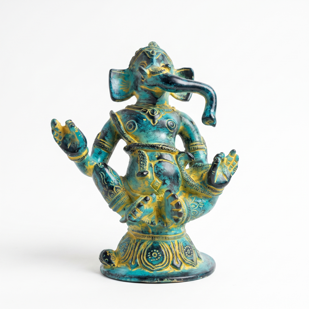 Brass Ganesha Idol | Blue Distress Finish | 5 Inch
