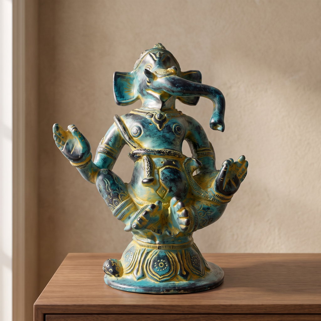Brass Ganesha Idol | Blue Distress Finish | 5 Inch