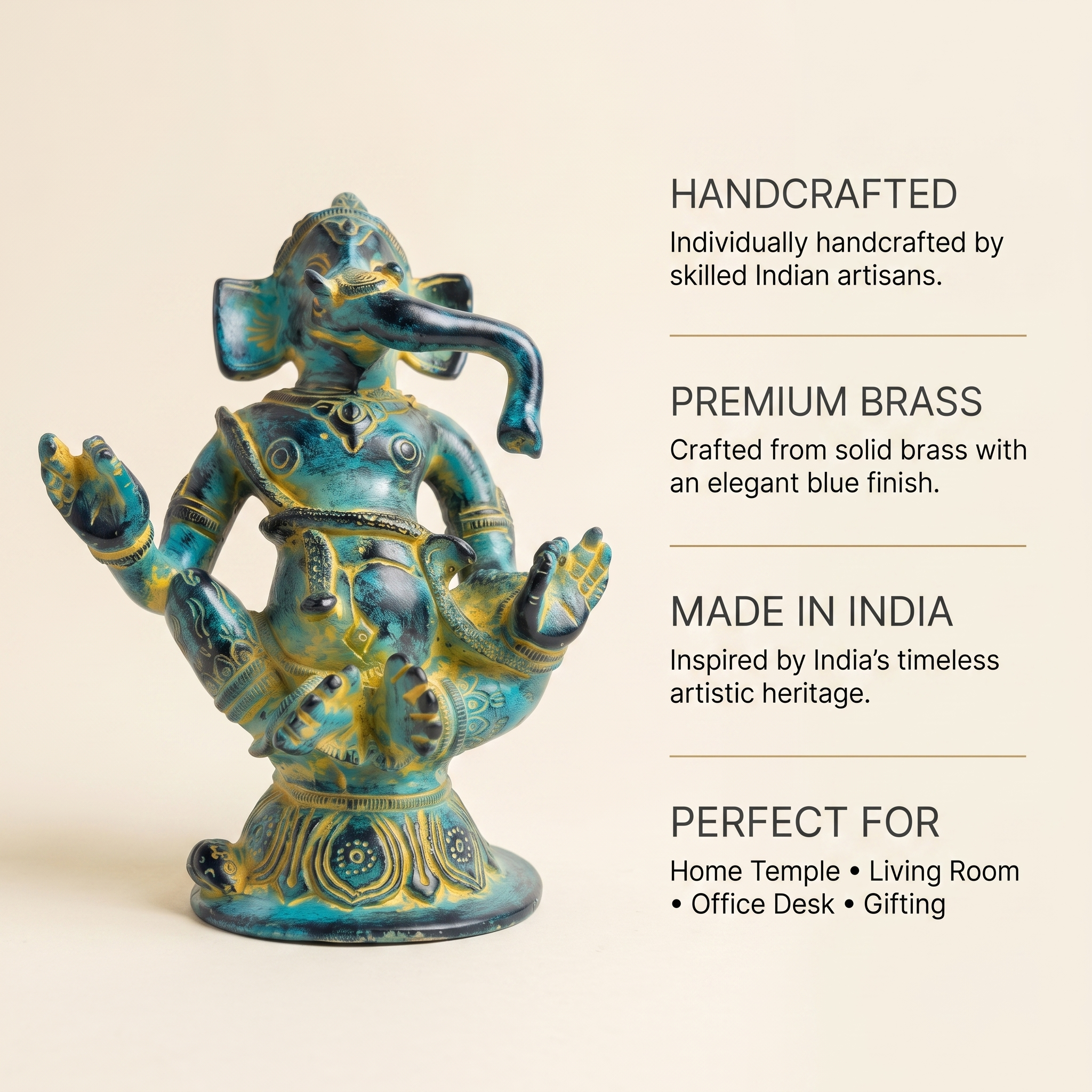 Brass Ganesha Idol | Blue Distress Finish | 5 Inch