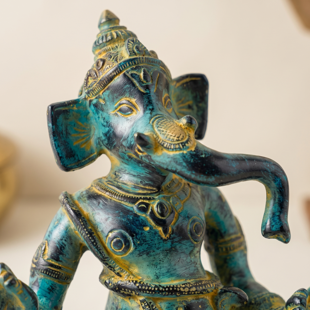 Brass Ganesha Idol | Blue Distress Finish | 5 Inch