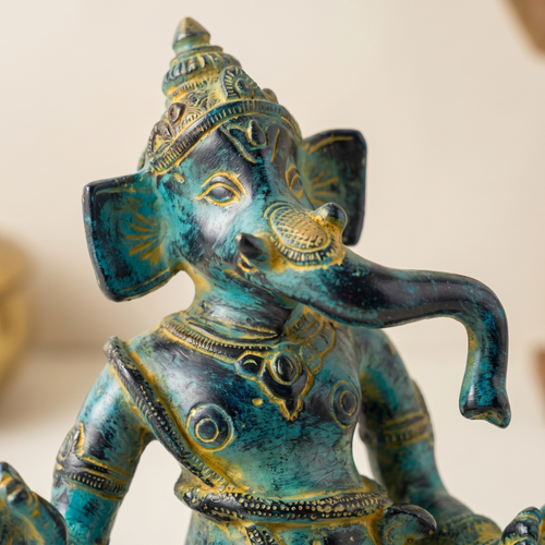 Brass Ganesha Idol | Blue Distress Finish | 5 Inch