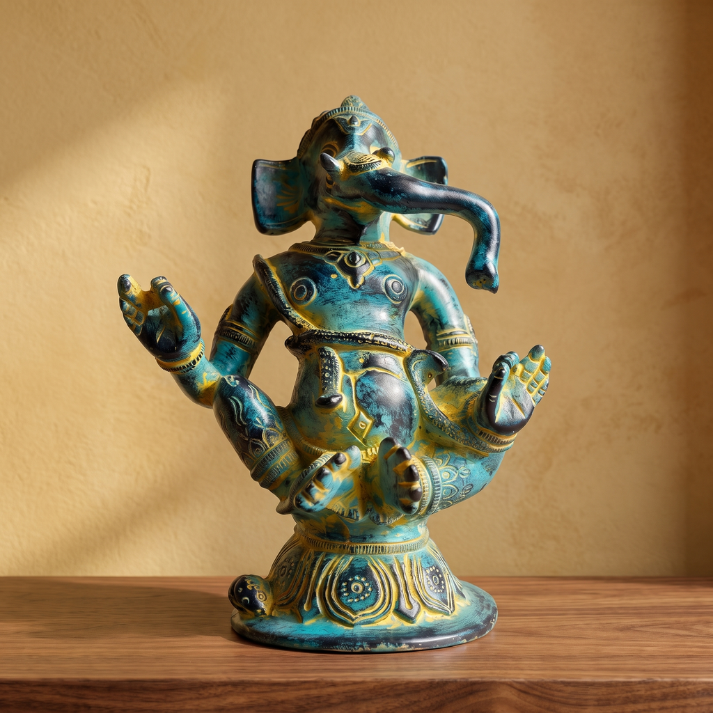 Brass Ganesha Idol | Blue Distress Finish | 5 Inch
