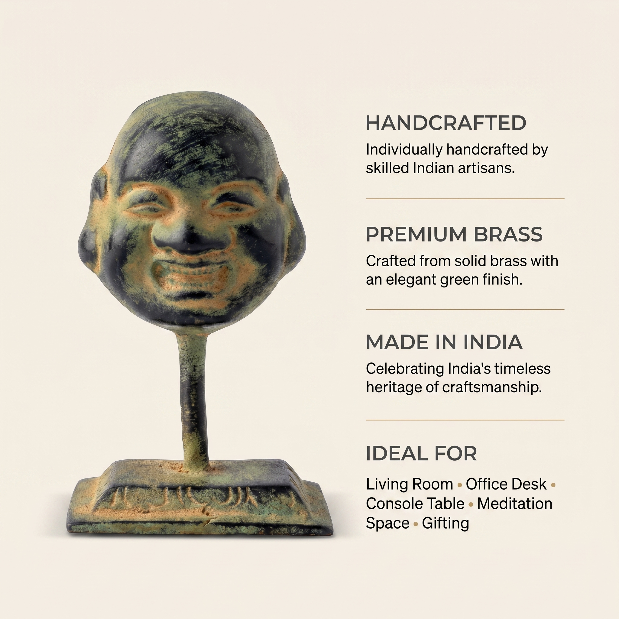 Brass Laughing Buddha (Small) | Dark Green Finish | 3.5 Inch