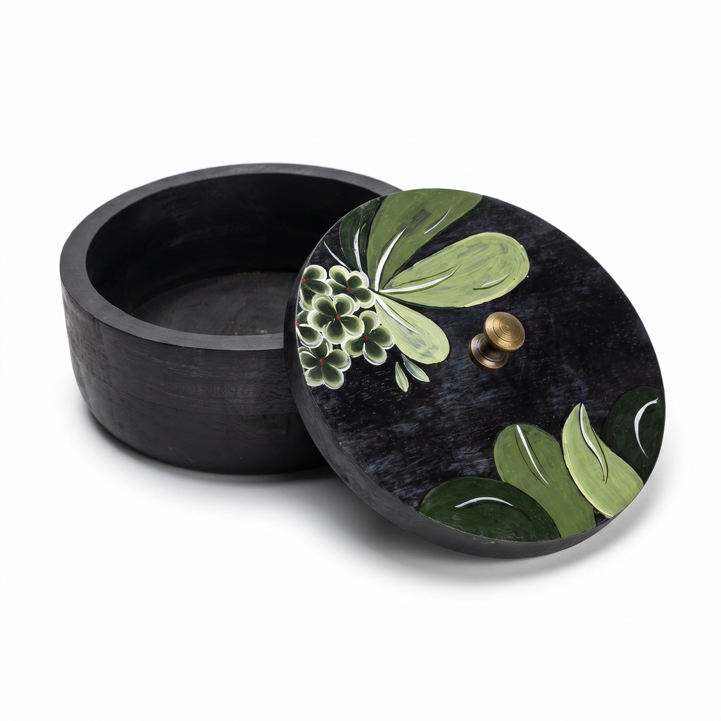 Black Wooden Handpainted Roti Box | 8x8x4 Inches