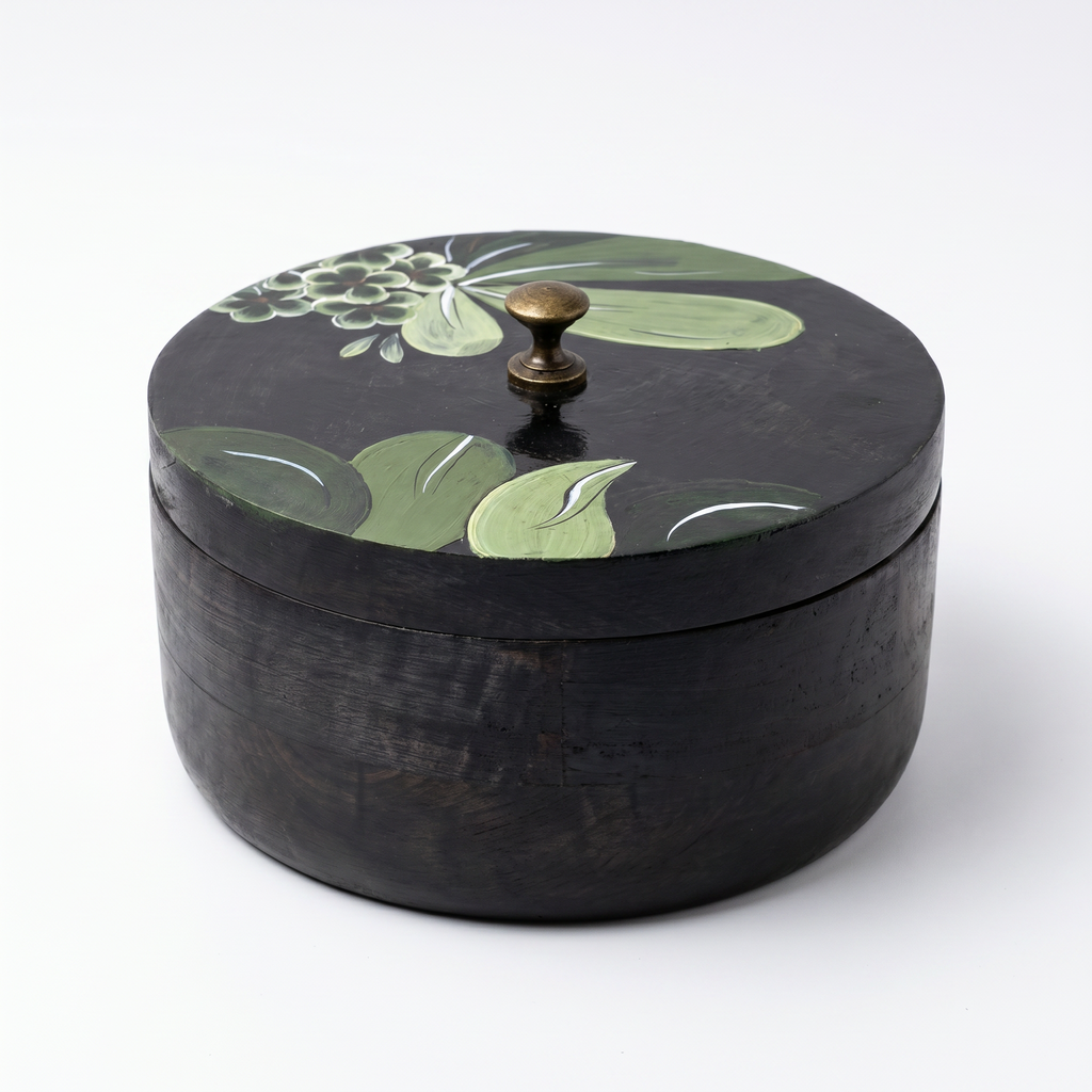 Black Wooden Handpainted Roti Box | 8x8x4 Inches