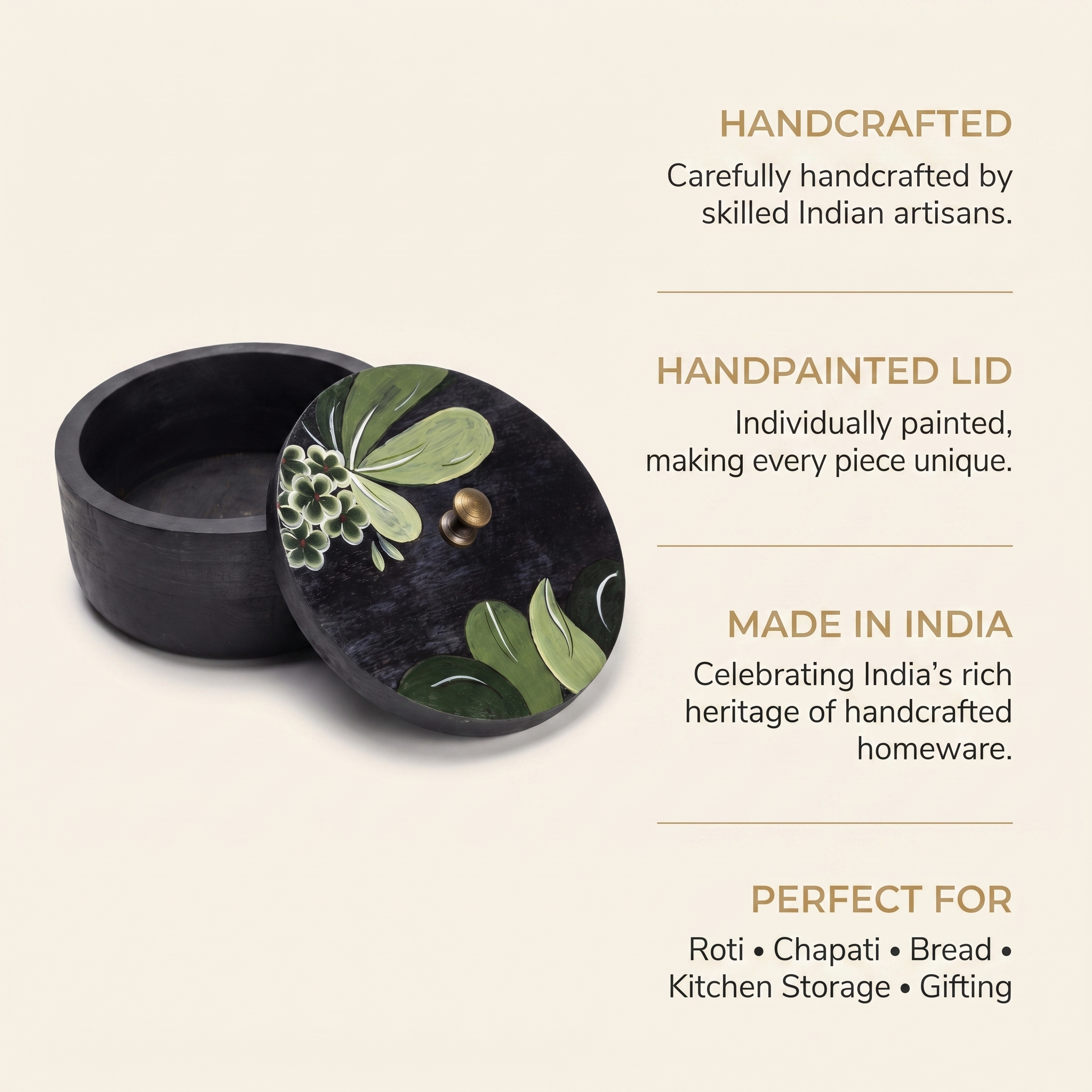 Black Wooden Handpainted Roti Box | 8x8x4 Inches