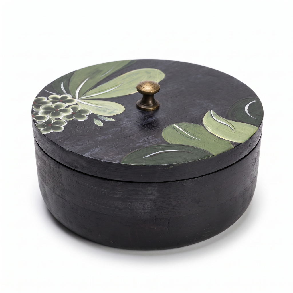 Black Wooden Handpainted Roti Box | 8x8x4 Inches