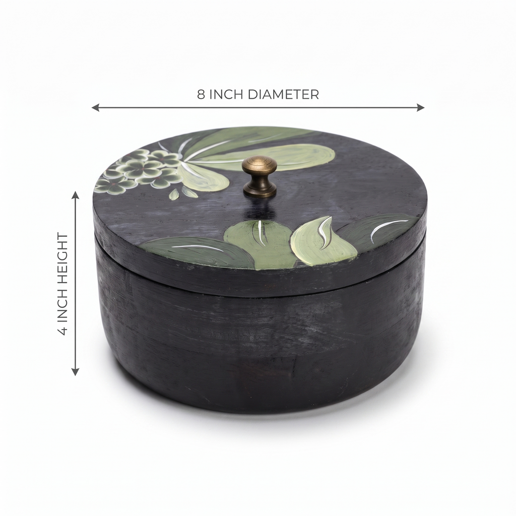 Black Wooden Handpainted Roti Box | 8x8x4 Inches
