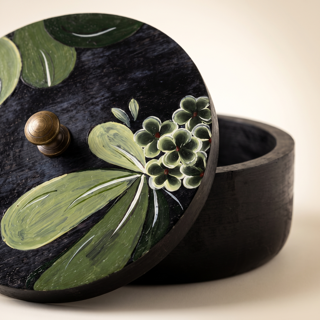 Black Wooden Handpainted Roti Box | 8x8x4 Inches