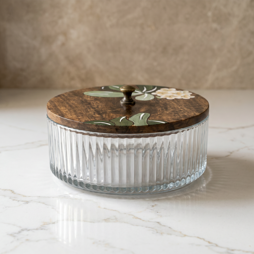 Glass Roti Box | Handpainted Top | 8.5x8.5x3 Inches