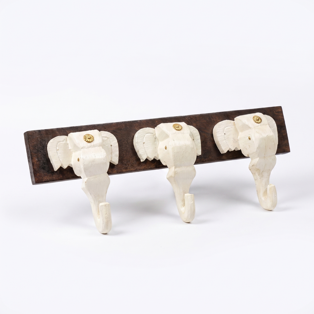 Wooden Elephant Keychain Holder | Brown Base | 7x18x3 Inch | White Elephants