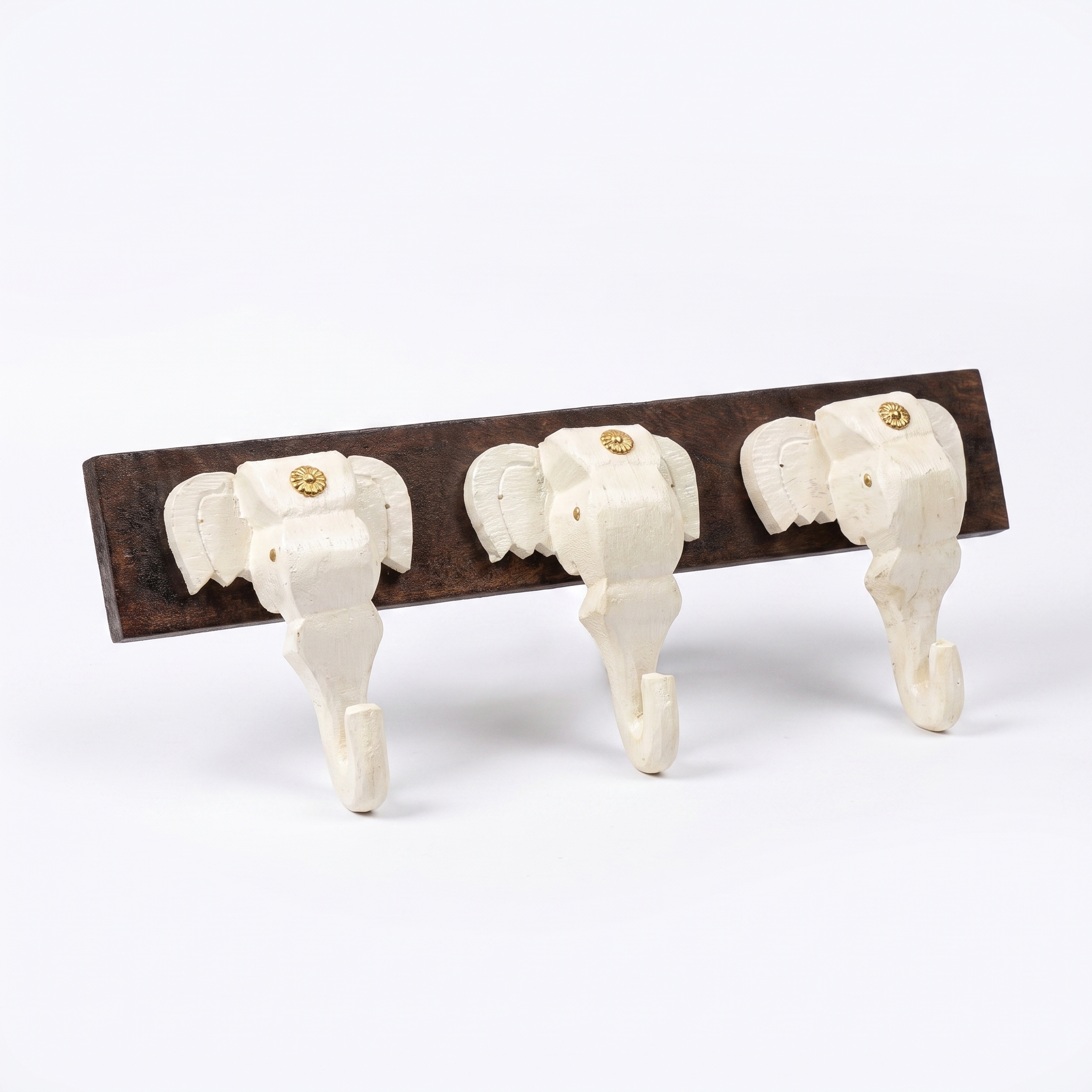 Wooden Elephant Keychain Holder | Brown Base | 7x18x3 Inch | White Elephants