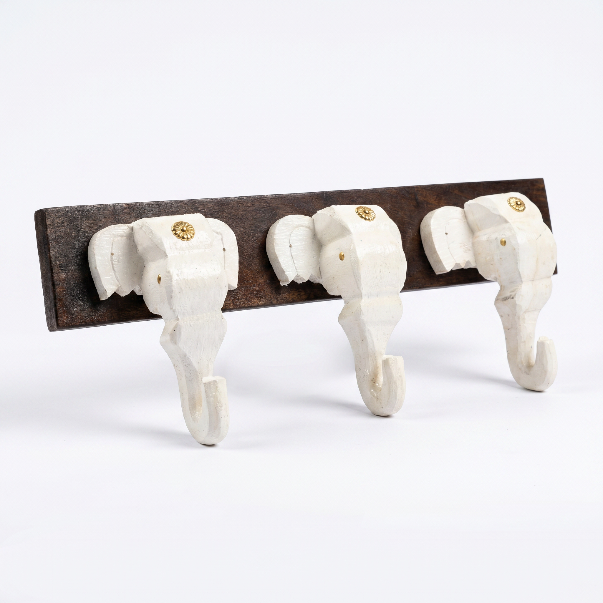 Wooden Elephant Keychain Holder | Brown Base | 7x18x3 Inch | White Elephants