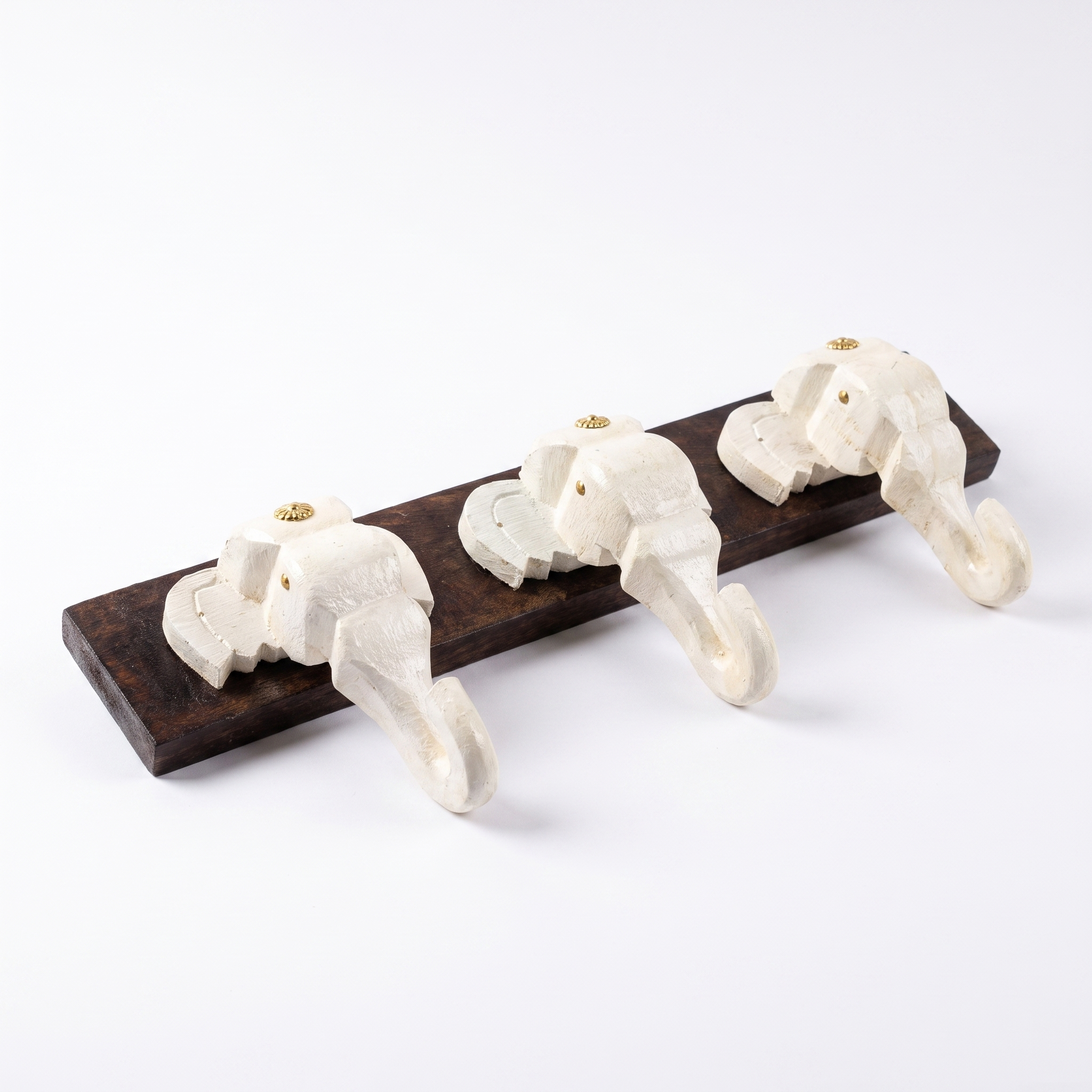 Wooden Elephant Keychain Holder | Brown Base | 7x18x3 Inch | White Elephants