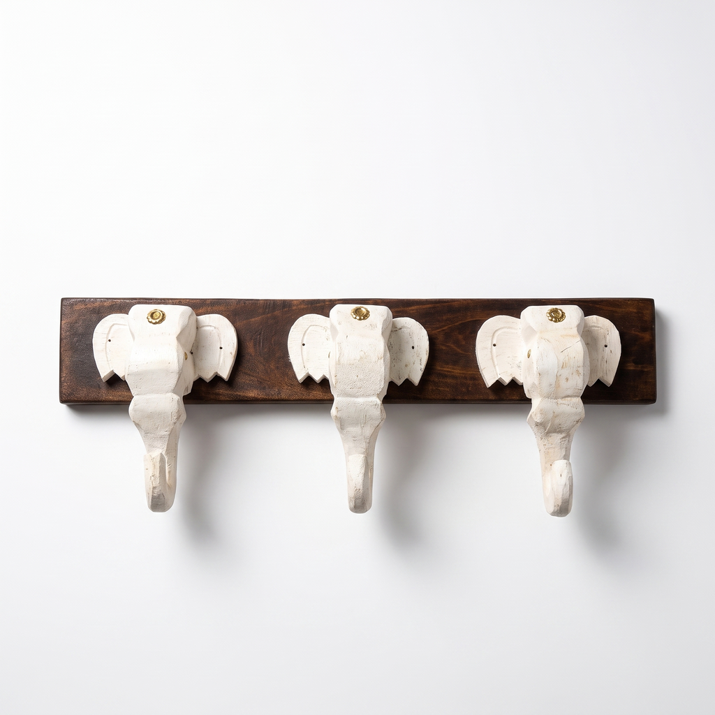 Wooden Elephant Keychain Holder | Brown Base | 7x18x3 Inch | White Elephants