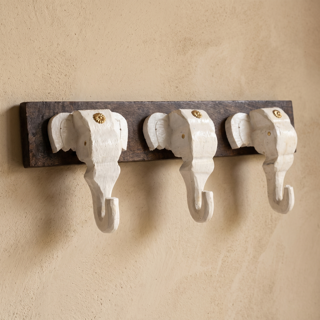 Wooden Elephant Keychain Holder | Brown Base | 7x18x3 Inch | White Elephants