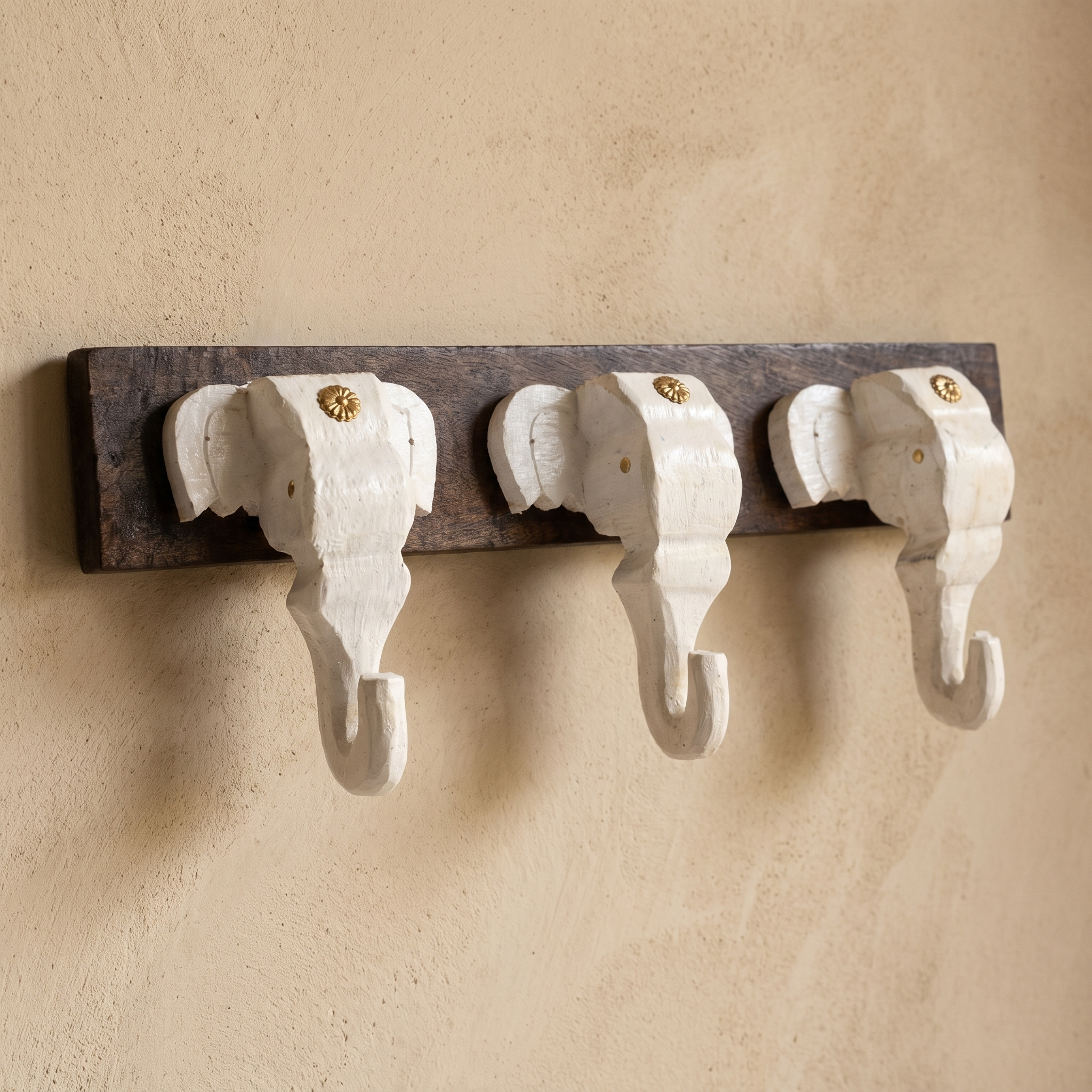 Wooden Elephant Keychain Holder | Brown Base | 7x18x3 Inch | White Elephants