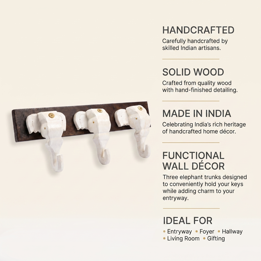 Wooden Elephant Keychain Holder | Brown Base | 7x18x3 Inch | White Elephants