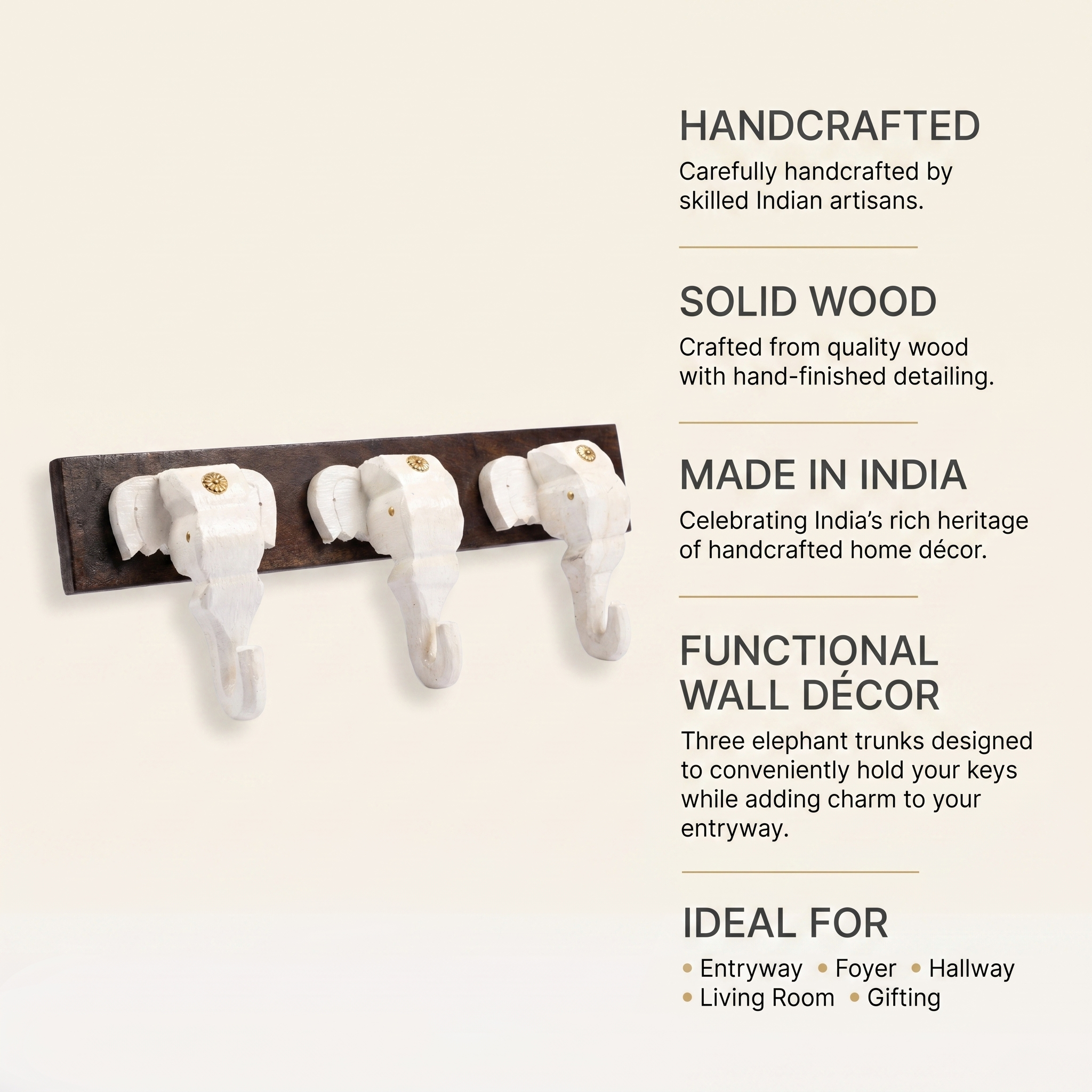 Wooden Elephant Keychain Holder | Brown Base | 7x18x3 Inch | White Elephants