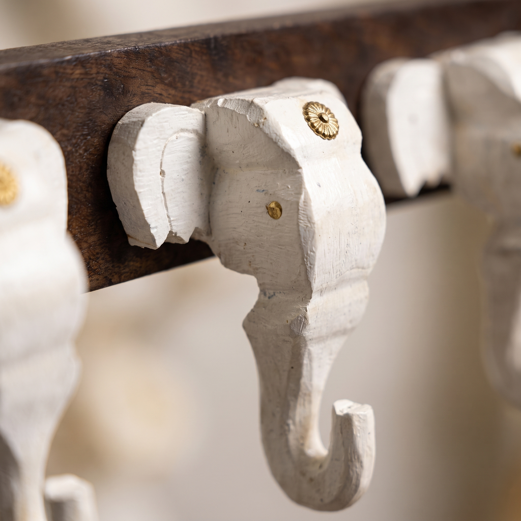 Wooden Elephant Keychain Holder | Brown Base | 7x18x3 Inch | White Elephants